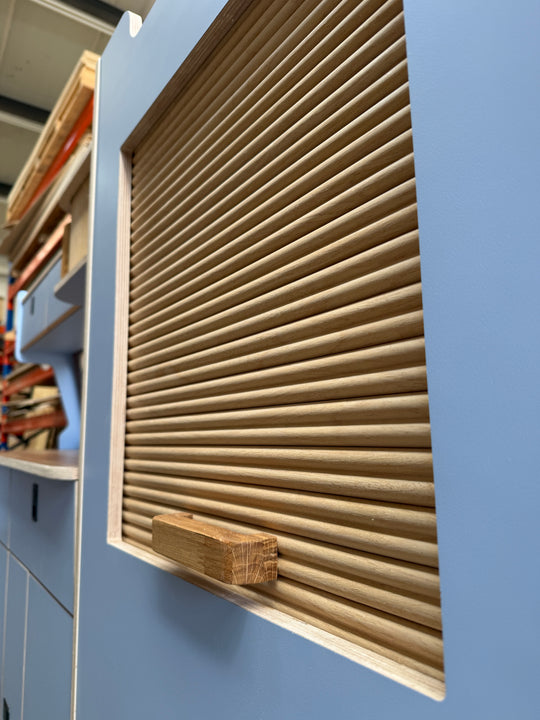 Campervan Kitchen Unit with splashback & overhead lockers - Ford Transit Custom - Oak Tambour Doors (Copy) - Cymru Camper Furniture Site