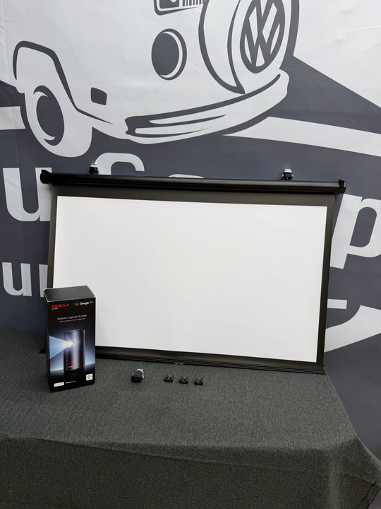 Ultimate Van Cinema - Projector with Ceiling Mount &amp; Retractable Screen - Cymru Camper Furniture Site