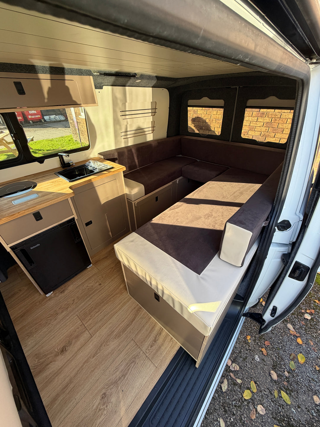 VW Transporter T5-T6.1 Bench Seating with U shape - Pull out rear kitchen drawer - Cymru Camper Furniture Site