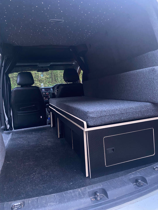 VW Caddy SWB Pull Out Bench / Bed - Hexa Ply finish - Cymru Camper Furniture Site