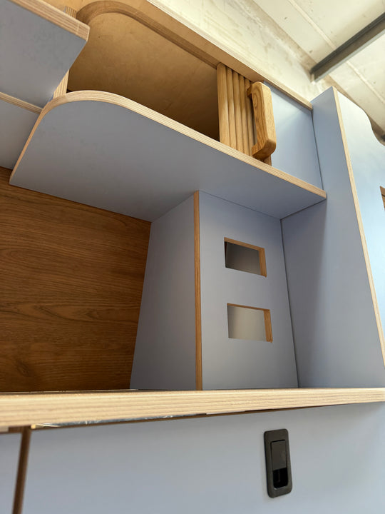 Campervan Kitchen Unit with splashback & overhead lockers - Ford Transit Custom - Oak Tambour Doors (Copy) - Cymru Camper Furniture Site