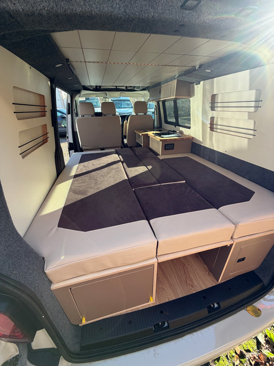 VW Transporter T5-T6.1 Bench Seating with U shape - Pull out rear kitchen drawer - Cymru Camper Furniture Site