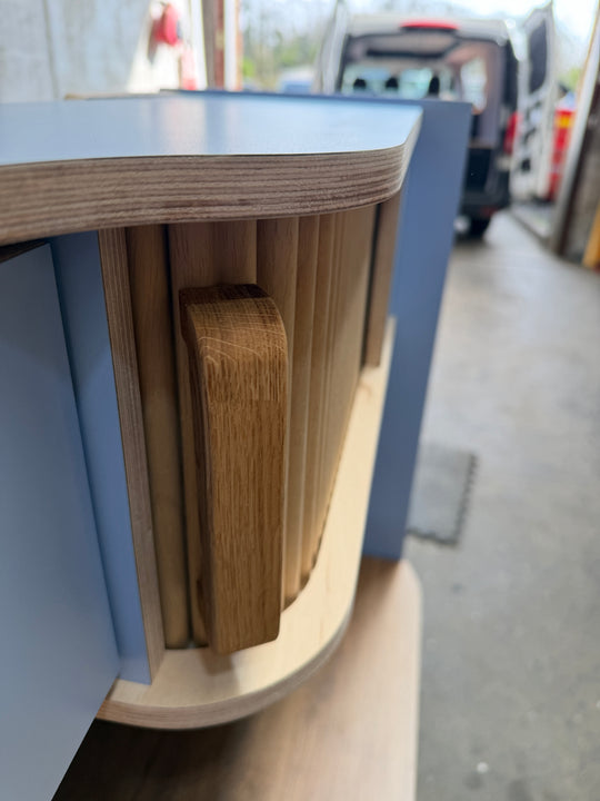 Campervan Kitchen Unit with splashback & overhead lockers - Ford Transit Custom - Oak Tambour Doors (Copy) - Cymru Camper Furniture Site