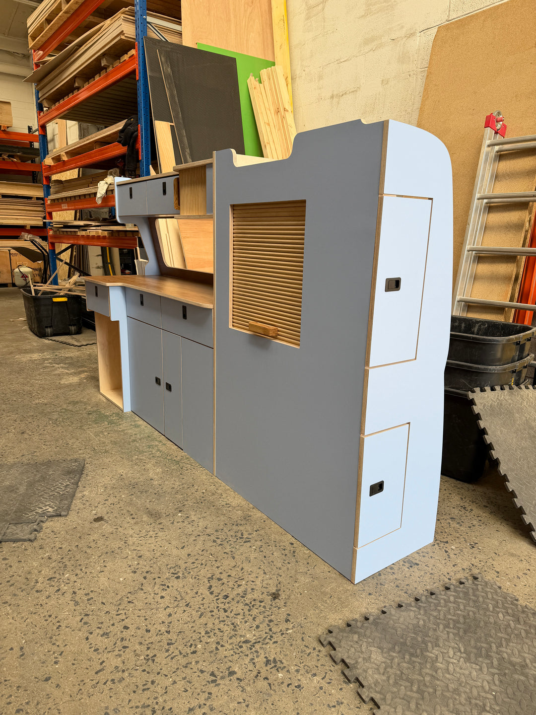 Campervan Kitchen Unit with splashback & overhead lockers - Ford Transit Custom - Oak Tambour Doors (Copy) - Cymru Camper Furniture Site