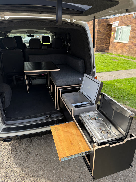 VW Transporter Kombi Single Bench Unit - Pull Out Bed &amp; Kitchen System - Cymru Camper Furniture Site