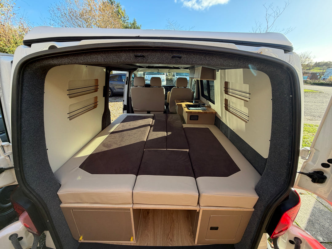 VW Transporter T5-T6.1 Bench Seating with U shape - Pull out rear kitchen drawer - Cymru Camper Furniture Site