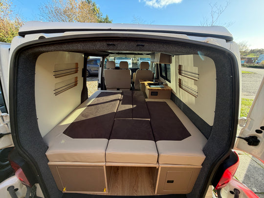 VW Transporter T5-T6.1 Bench Seating with U shape - Pull out rear kitchen drawer - Cymru Camper Furniture Site