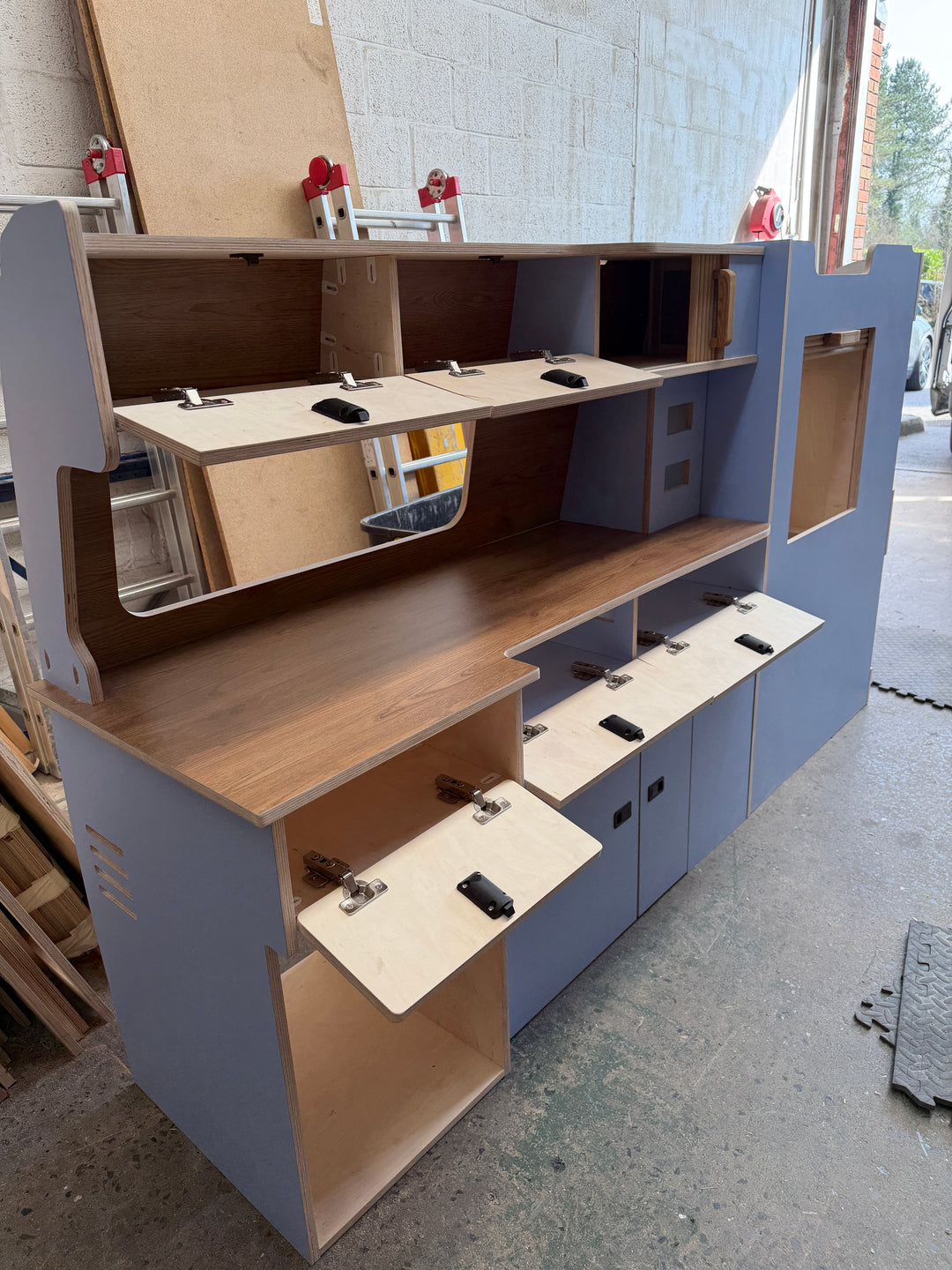 Campervan Kitchen Unit with splashback & overhead lockers - Ford Transit Custom - Oak Tambour Doors (Copy) - Cymru Camper Furniture Site