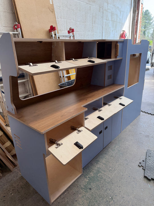 Campervan Kitchen Unit with splashback & overhead lockers - Ford Transit Custom - Oak Tambour Doors (Copy) - Cymru Camper Furniture Site