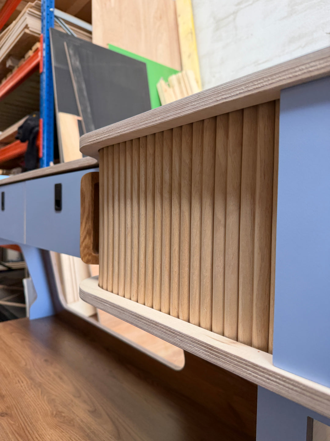 Campervan Kitchen Unit with splashback & overhead lockers - Ford Transit Custom - Oak Tambour Doors (Copy) - Cymru Camper Furniture Site
