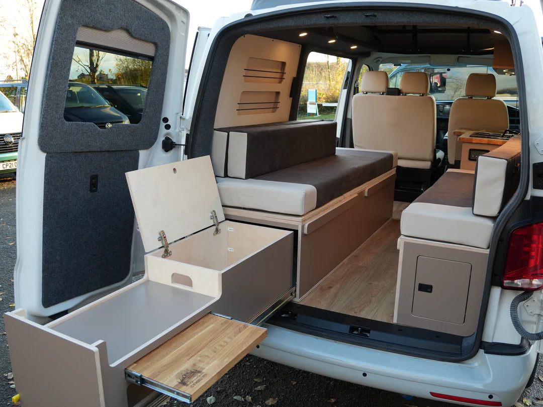 VW Transporter T5-T6.1 Bench Seating with U shape - Pull out rear kitchen drawer - Cymru Camper Furniture Site