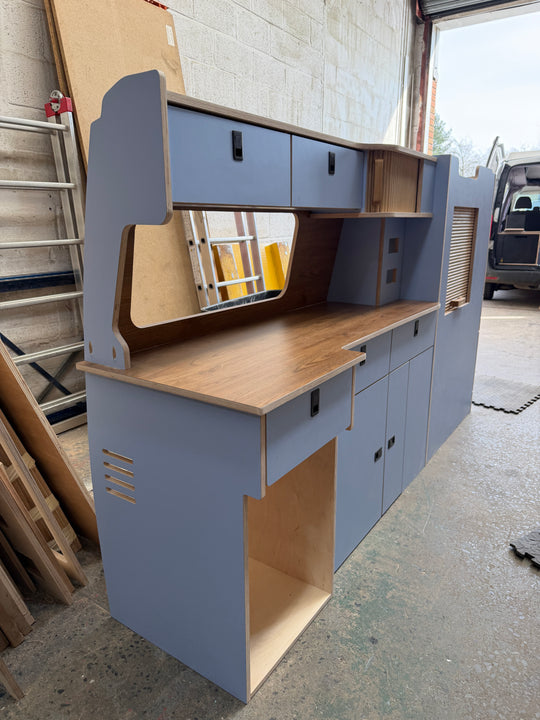 Campervan Kitchen Unit with splashback & overhead lockers - Ford Transit Custom - Oak Tambour Doors (Copy) - Cymru Camper Furniture Site