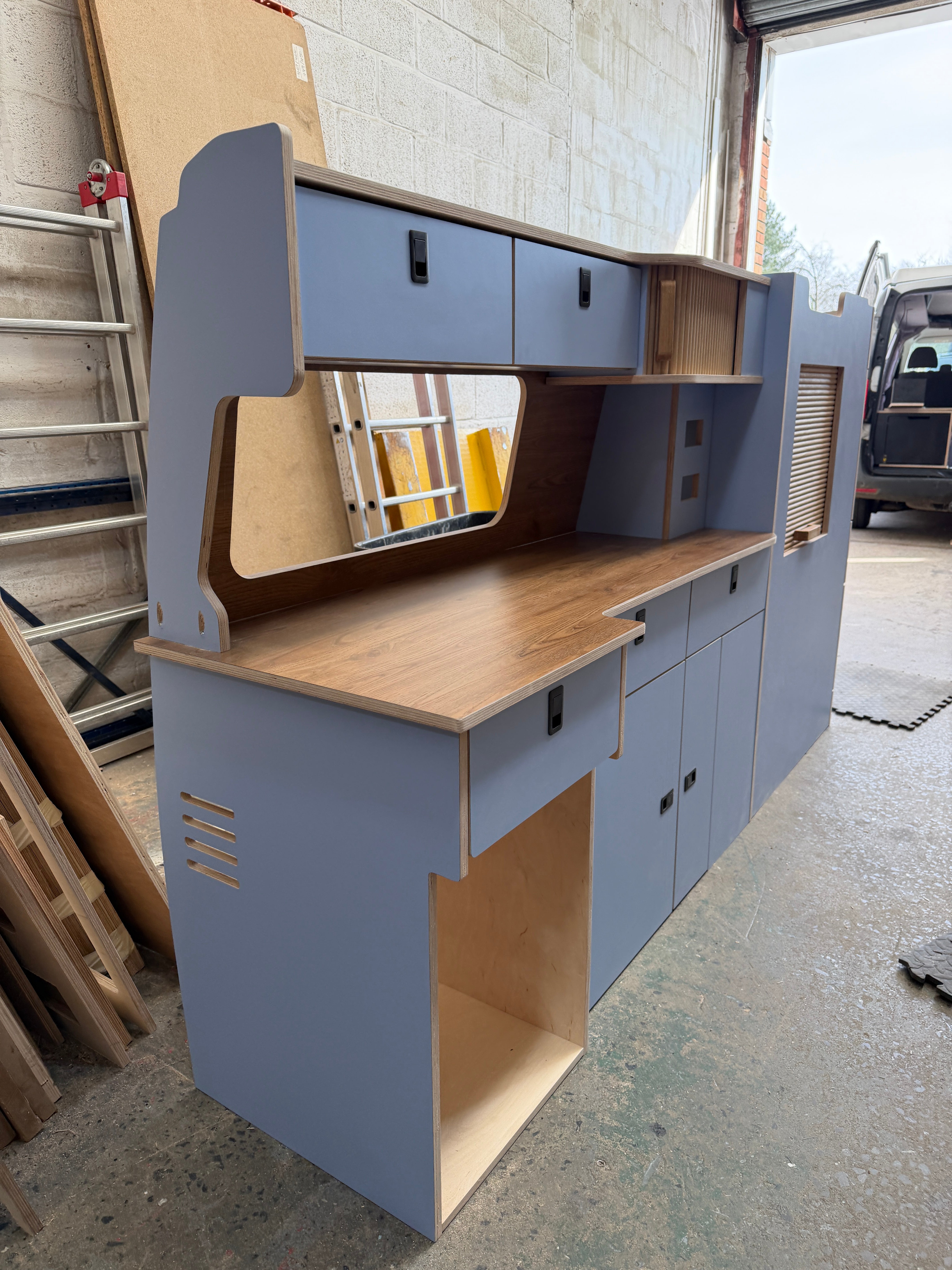 Campervan Kitchen Unit with splashback & overhead lockers - Ford Transit Custom - Oak Tambour Doors (Copy) - Cymru Camper Furniture Site
