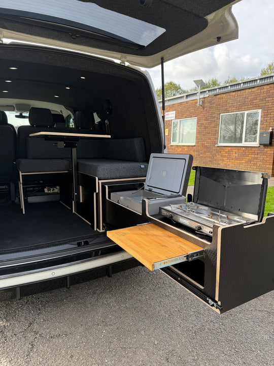 VW Transporter Kombi Single Bench Unit - Pull Out Bed &amp; Kitchen System - Cymru Camper Furniture Site