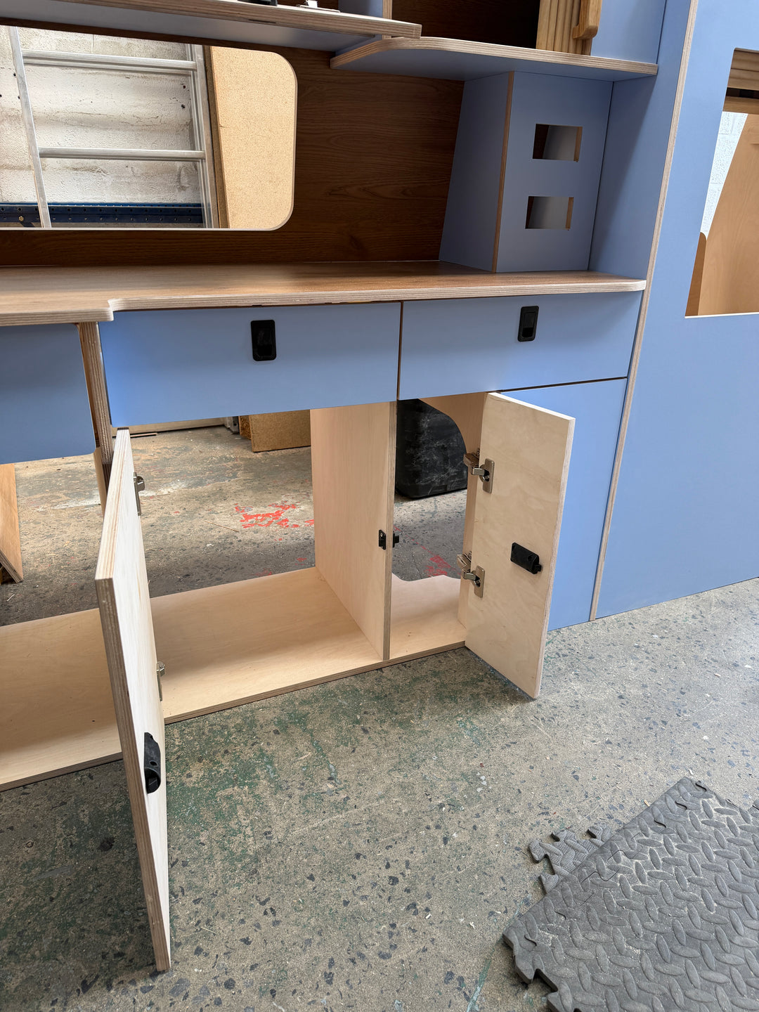Campervan Kitchen Unit with splashback & overhead lockers - Ford Transit Custom - Oak Tambour Doors (Copy) - Cymru Camper Furniture Site