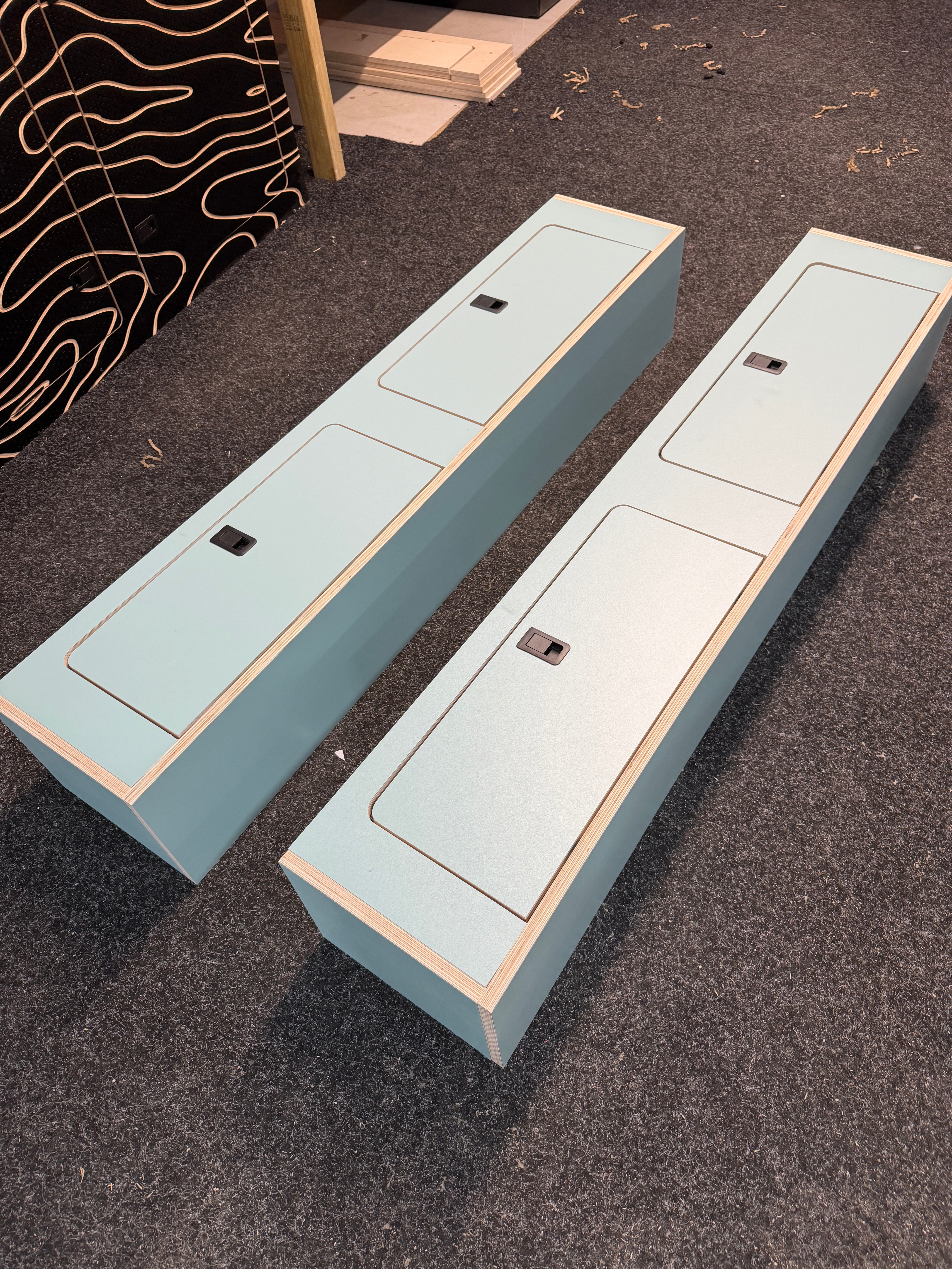 Large Overhead Lockers - 1.4m & 1.3m overhead lockers - Blue/Green laminate - Cymru Camper Furniture Site
