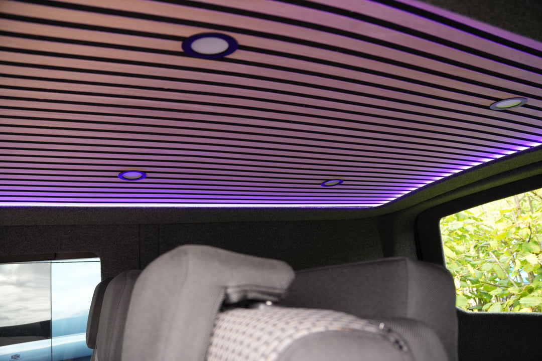 Oak Cladded Halo Roof with 6 LED Spot Lights - SWB & LWB - Cymru Camper Furniture Site