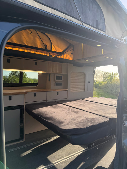 Mobiframe Sliding Rock and Roll bed & Thermal Floor with rails - Cymru Camper Furniture Site
