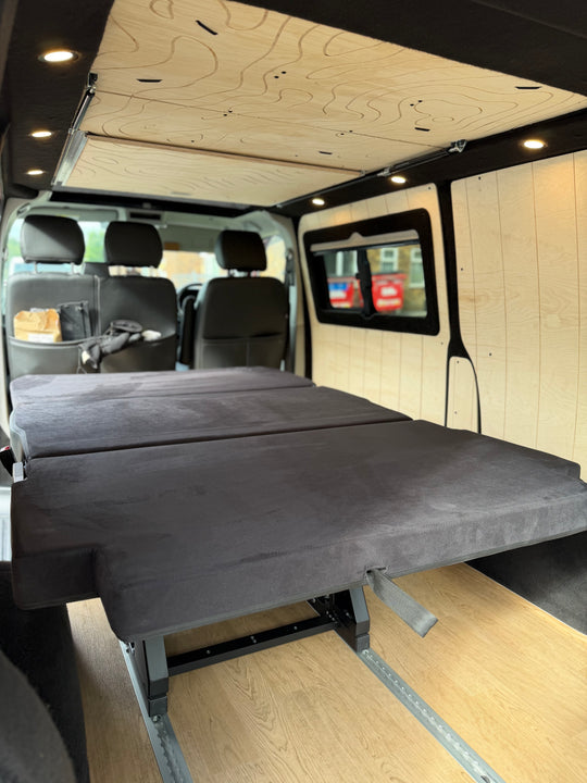 Mobiframe Sliding Rock and Roll bed & Thermal Floor with rails - Cymru Camper Furniture Site