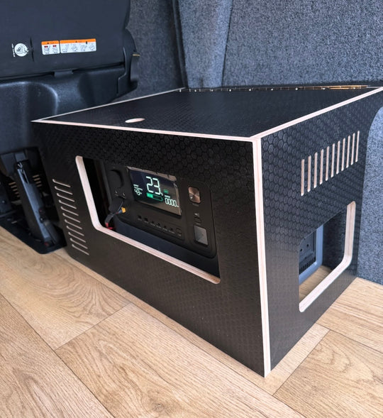 AFERIY P210 Power Station Enclosure - Black Hexa Ply with Hinged Lid &amp; Ventilation - Cymru Camper Furniture Site