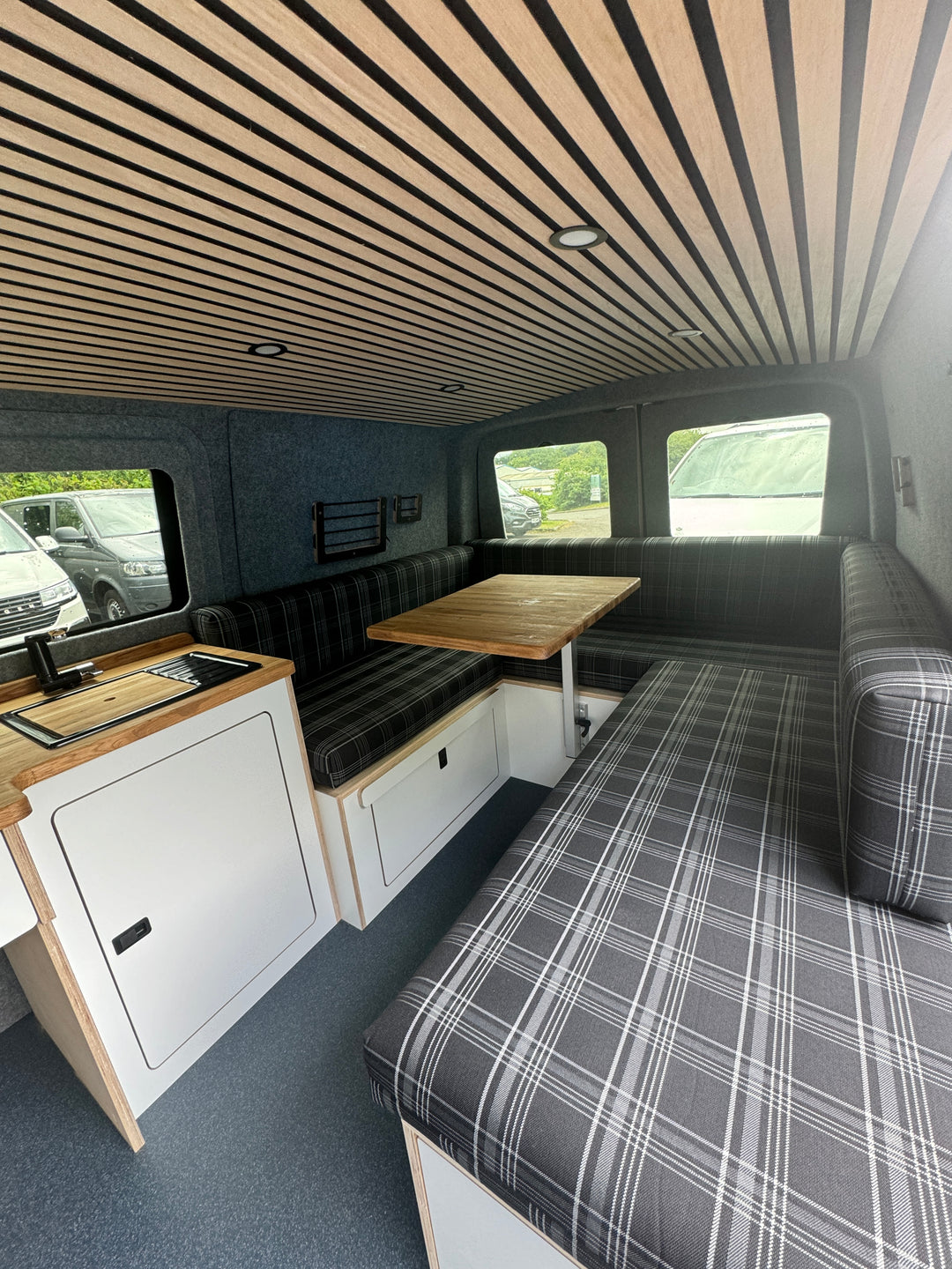 Oak Lightweight Cladded Roof with LED Lighting Strip and Wireless Remote Dimmer (installed) - Cymru Camper Furniture Site