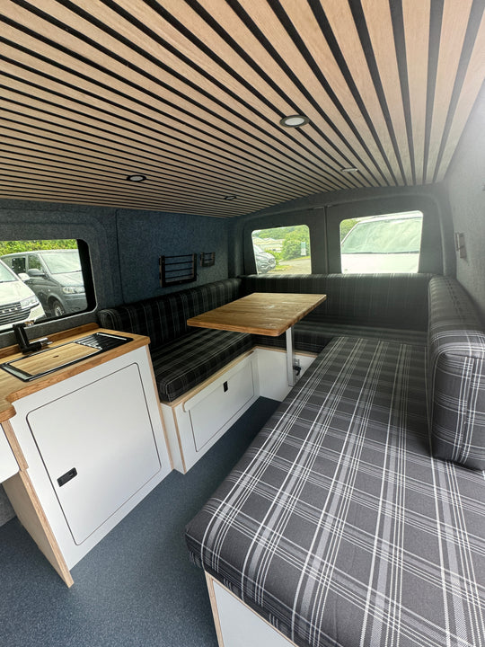 Oak Lightweight Cladded Roof with LED Lighting Strip and Wireless Remote Dimmer (installed) - Cymru Camper Furniture Site