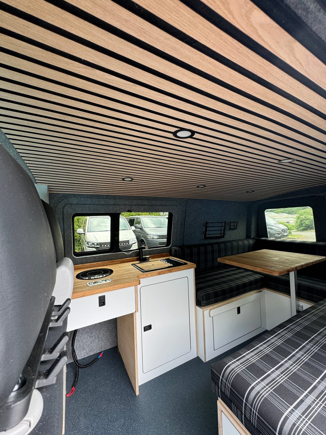 Oak Lightweight Cladded Roof with LED Lighting Strip and Wireless Remote Dimmer (installed) - Cymru Camper Furniture Site