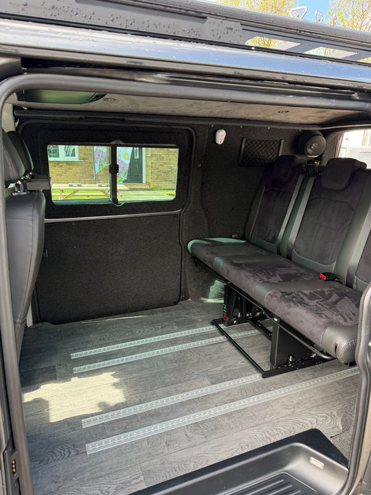 Mobiframe Sliding Rock and Roll bed & Thermal Floor with rails - Cymru Camper Furniture Site