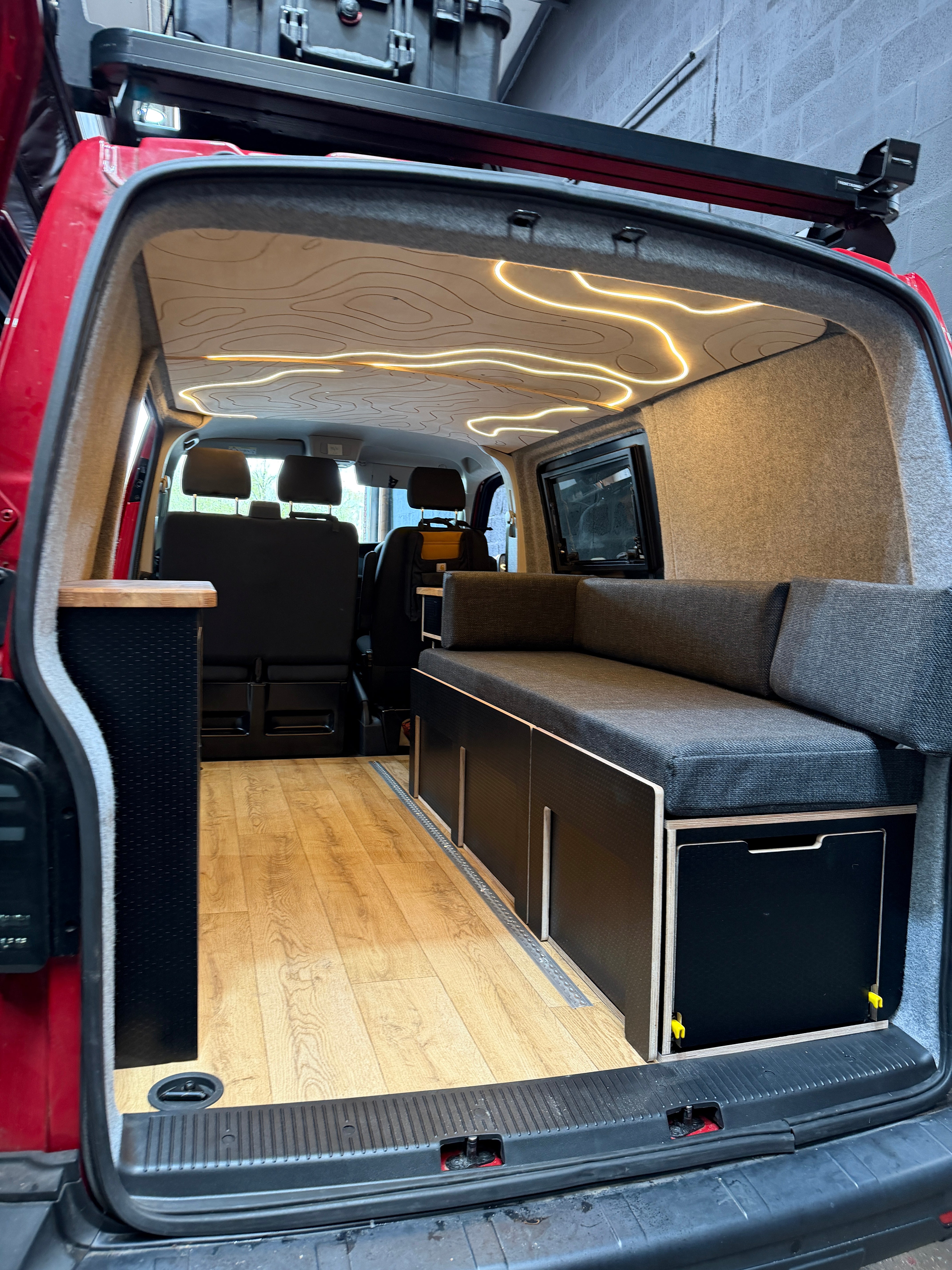 Volkswagen Transporter T5 / T6 - Slide Out Bed 1.8m - Pull Out Rear Kitchen Drawer - Single Kitchen Unit - Cymru Camper Furniture Site