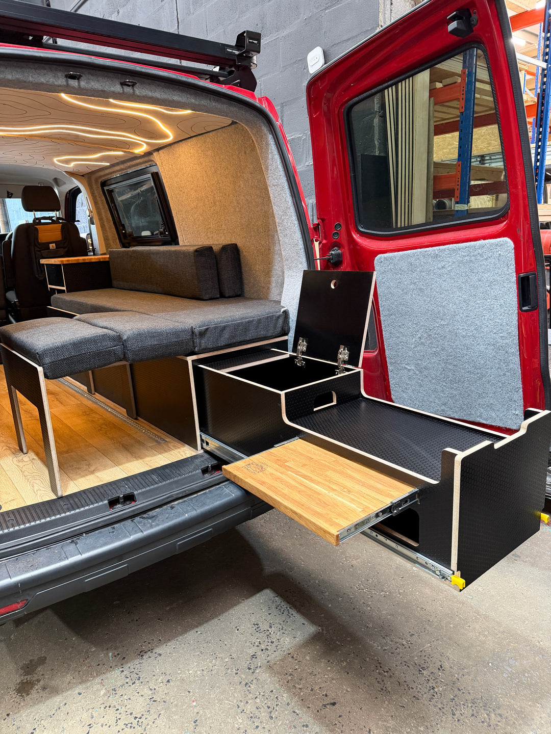 Volkswagen Transporter T5 / T6 - Slide Out Bed 1.8m - Pull Out Rear Kitchen Drawer - Single Kitchen Unit - Cymru Camper Furniture Site