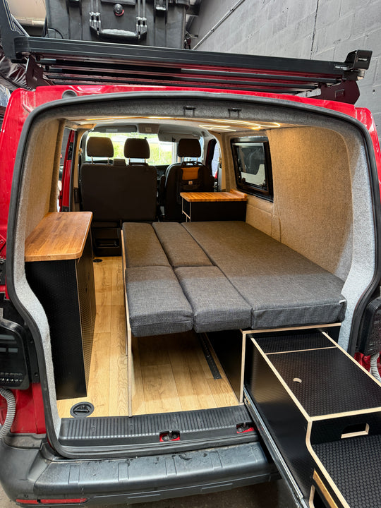 Volkswagen Transporter T5 / T6 - Slide Out Bed 1.8m - Pull Out Rear Kitchen Drawer - Single Kitchen Unit - Cymru Camper Furniture Site