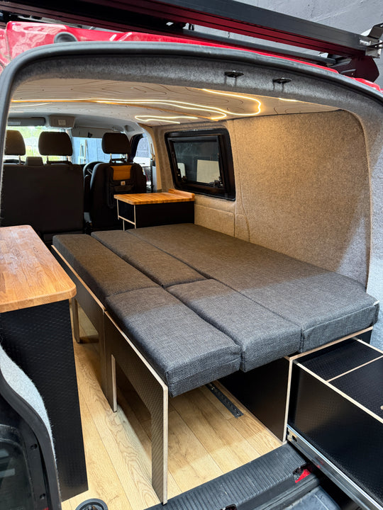 Volkswagen Transporter T5 / T6 - Slide Out Bed 1.8m - Pull Out Rear Kitchen Drawer - Single Kitchen Unit - Cymru Camper Furniture Site