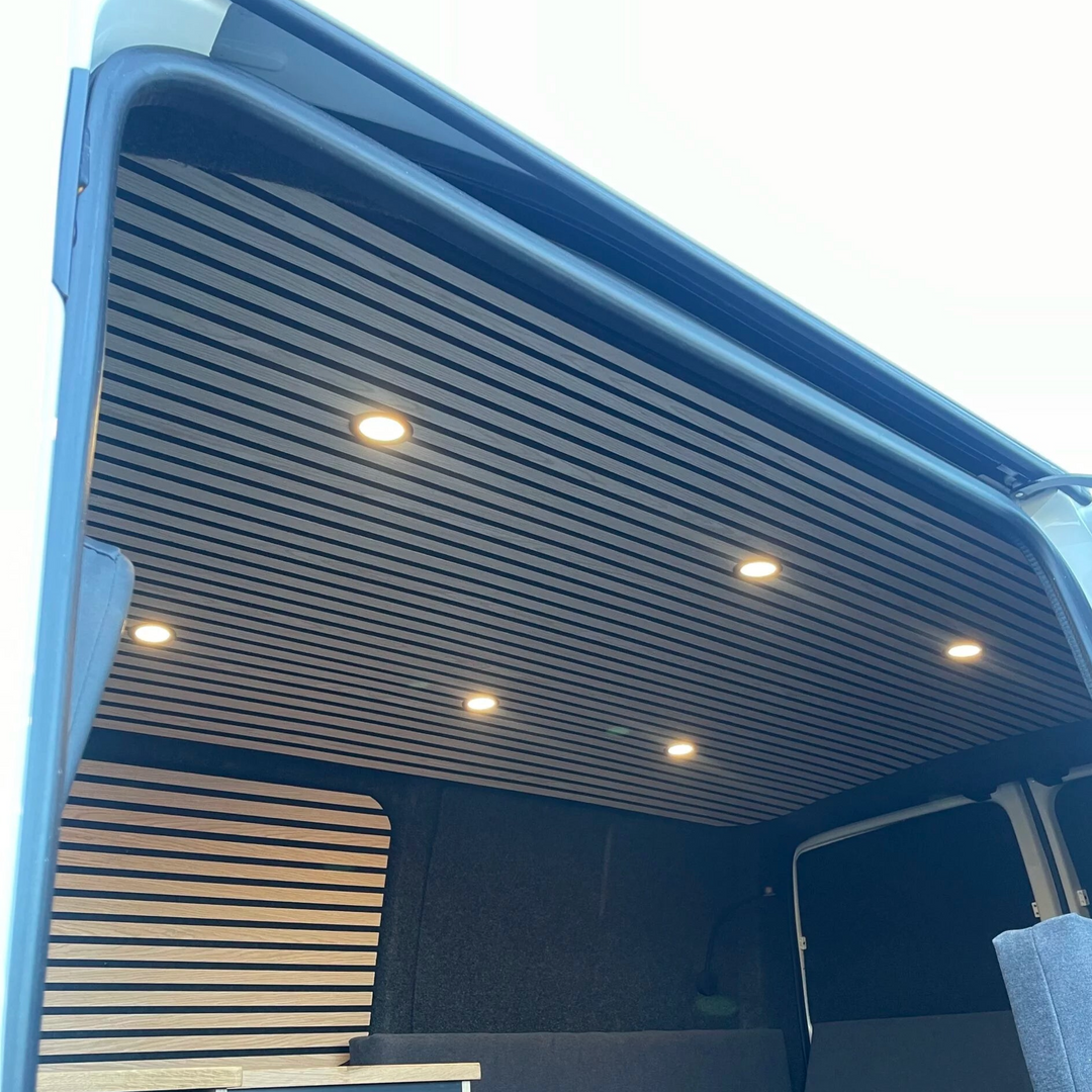 Oak Lightweight Cladded Roof with LED Lighting Strip and Wireless Remote Dimmer (installed) - Cymru Camper Furniture Site