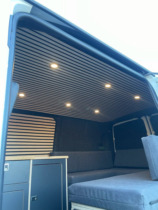 Oak Lightweight Cladded Roof with LED Lighting Strip and Wireless Remote Dimmer (installed) - Cymru Camper Furniture Site